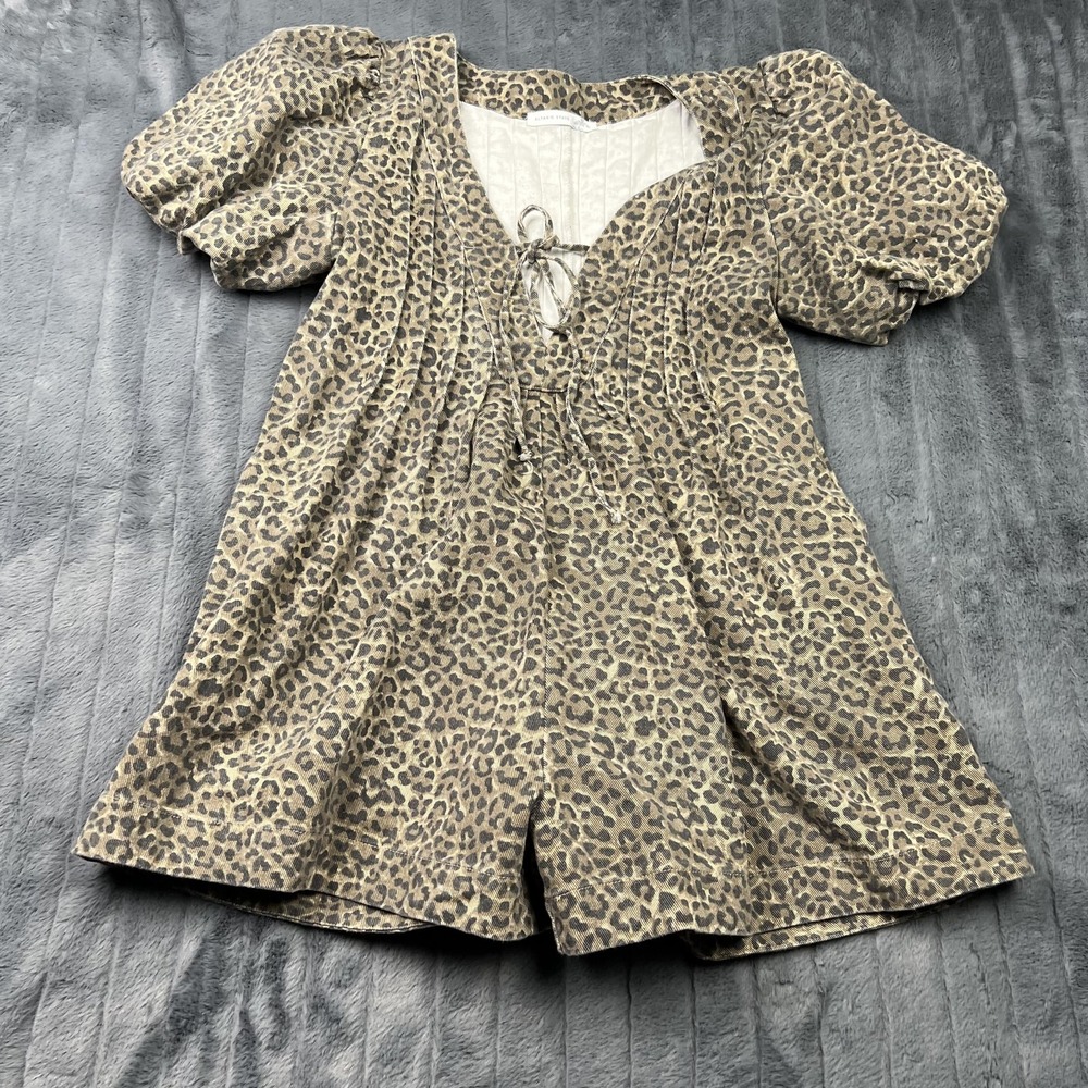 Altar'd State Romper Womens XL Beige Animal Print Twill Smocked V-Neck Tie